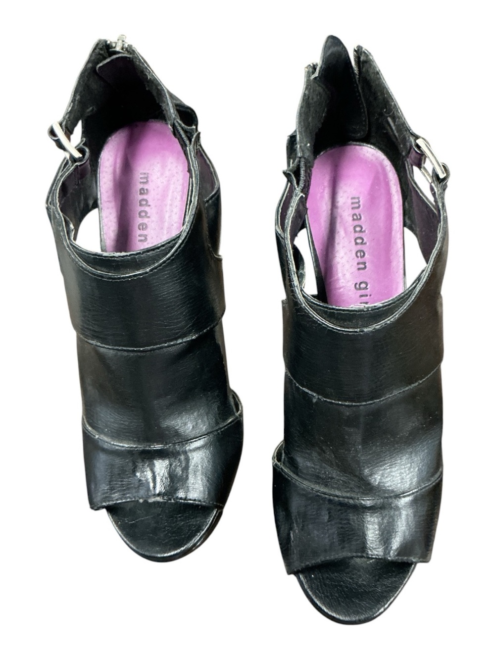 Madden Girl Black Open-Toe Ankle Strap Heels with Purple Insole